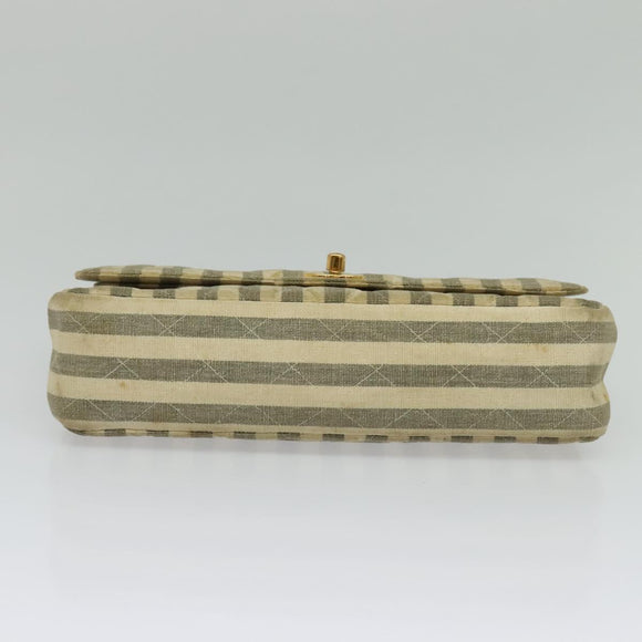 CHANEL Striped Matelasse Chain Shoulder Bag Canvas White Gray CC Auth 127507