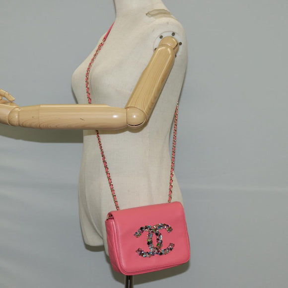 CHANEL Matelasse Bijoux Chain Shoulder Bag Lamb Skin Pink Gold CC Auth 127511M