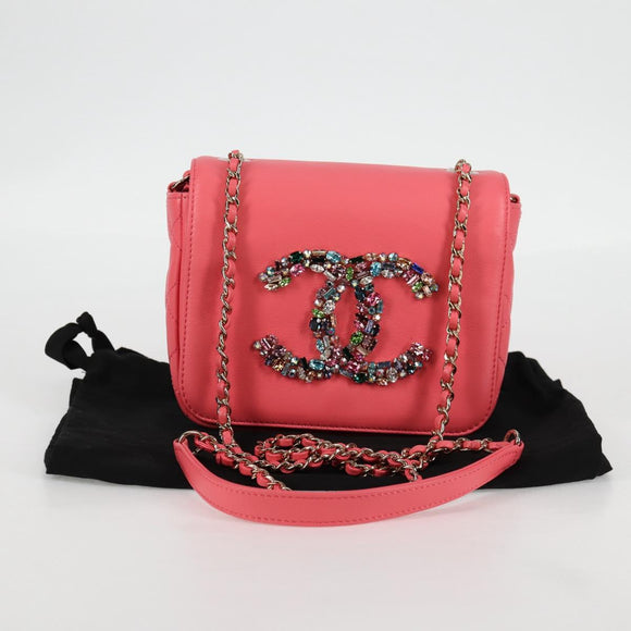 CHANEL Matelasse Bijoux Chain Shoulder Bag Lamb Skin Pink Gold CC Auth 127511M