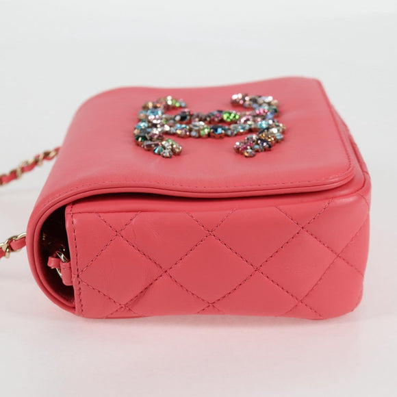 CHANEL Matelasse Bijoux Chain Shoulder Bag Lamb Skin Pink Gold CC Auth 127511M