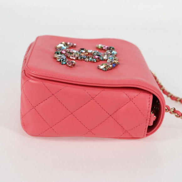 CHANEL Matelasse Bijoux Chain Shoulder Bag Lamb Skin Pink Gold CC Auth 127511M