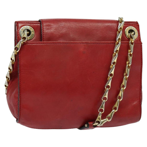 CELINE Chain Shoulder Bag Leather Red Gold Auth 127536