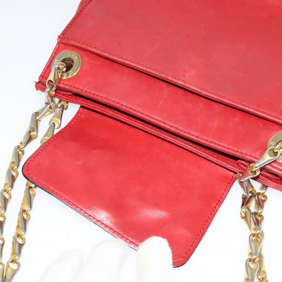 CELINE Chain Shoulder Bag Leather Red Gold Auth 127536