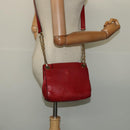 CELINE Chain Shoulder Bag Leather Red Gold Auth 127536-22