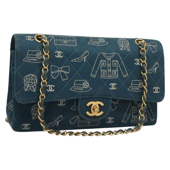 CHANEL Icon Line Matelasse Chain Shoulder Bag Canvas Navy Gold CC Auth 127540SV