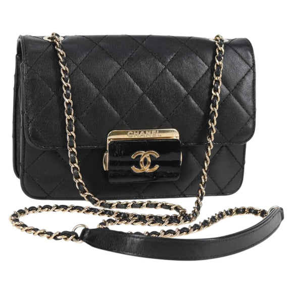 CHANEL Matelasse Chain Shoulder Bag Lamb Skin Black Gold CC Auth 127542M