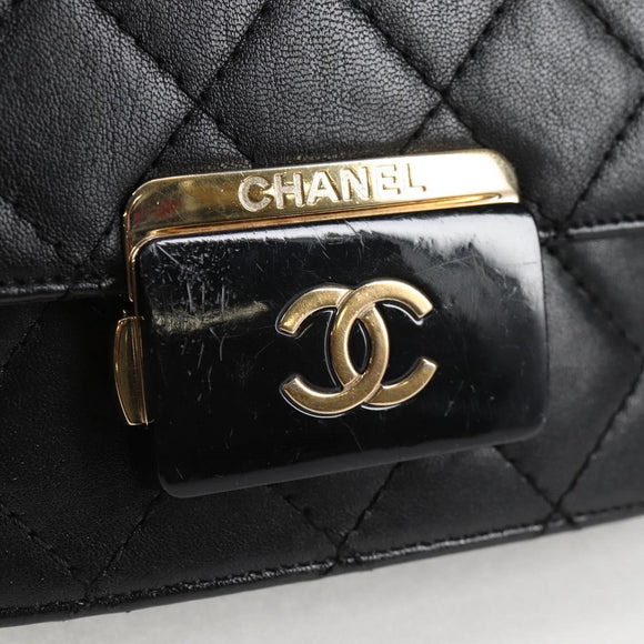 CHANEL Matelasse Chain Shoulder Bag Lamb Skin Black Gold CC Auth 127542M