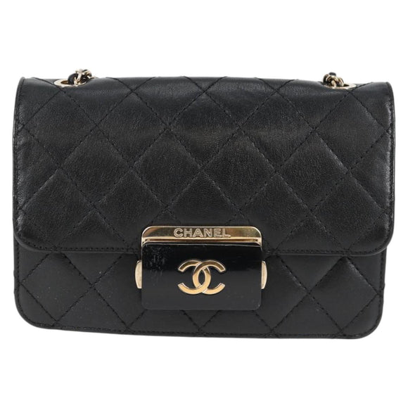 CHANEL Matelasse Chain Shoulder Bag Lamb Skin Black Gold CC Auth 127542M