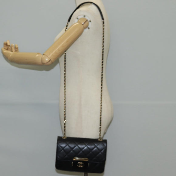 CHANEL Matelasse Chain Shoulder Bag Lamb Skin Black Gold CC Auth 127542M