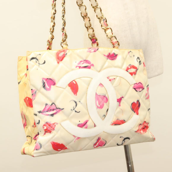 CHANEL Chain Tote Bag Vinyl White CC Auth 127551