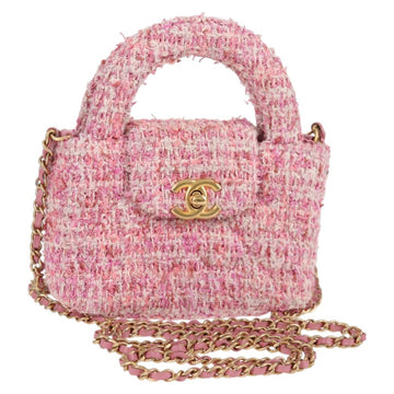 CHANEL Chain Shoulder Bag Tweed Pink Gold CC Auth 127553M
