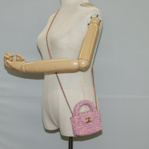 CHANEL Chain Shoulder Bag Tweed Pink Gold CC Auth 127553M