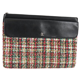 CHANEL Clutch Bag tweed Black Silver CC Auth 127554M