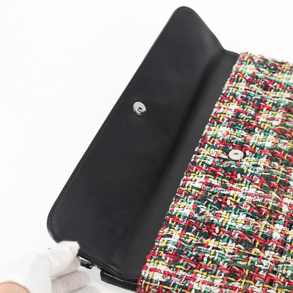 CHANEL Clutch Bag tweed Black Silver CC Auth 127554M