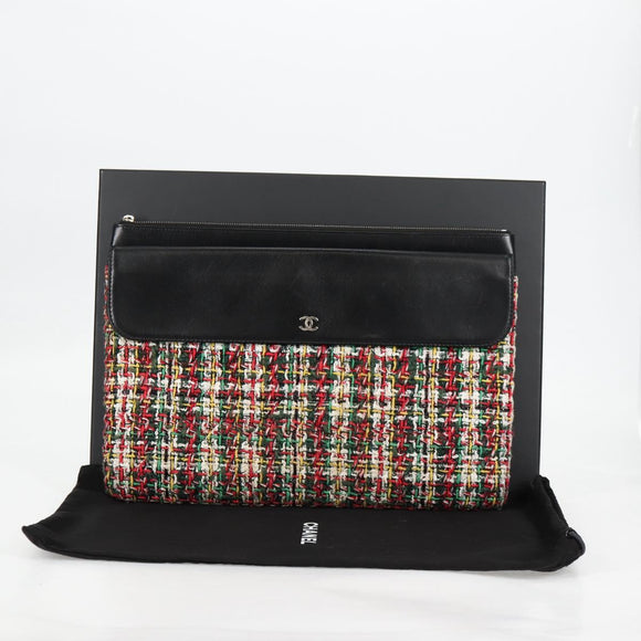CHANEL Clutch Bag tweed Black Silver CC Auth 127554M