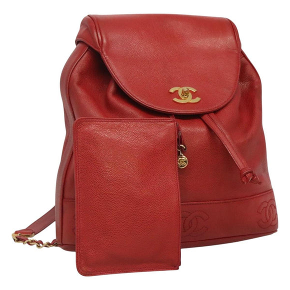 CHANEL Caviar Skin Backpack Caviar Skin Red Gold CC Auth 127574