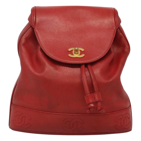 CHANEL Caviar Skin Backpack Caviar Skin Red Gold CC Auth 127574