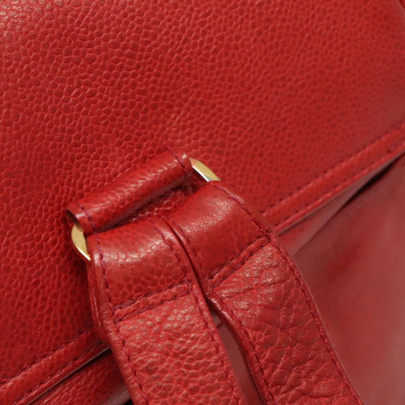 CHANEL Caviar Skin Backpack Caviar Skin Red Gold CC Auth 127574