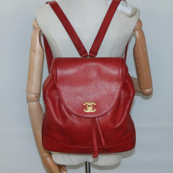CHANEL Caviar Skin Backpack Caviar Skin Red Gold CC Auth 127574