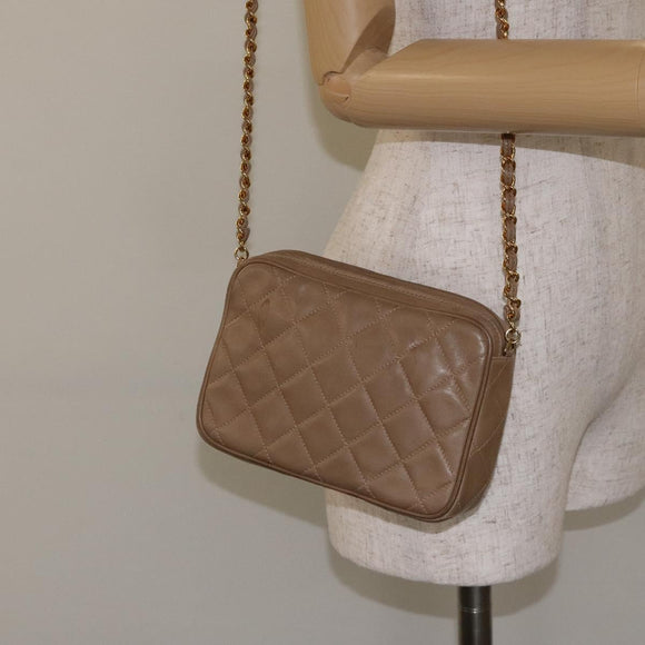 CHANEL Matelasse Chain Shoulder Bag Lamb Skin Beige Gold CC Auth 127575