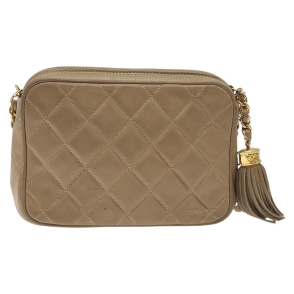 CHANEL Matelasse Chain Shoulder Bag Lamb Skin Beige Gold CC Auth 127575
