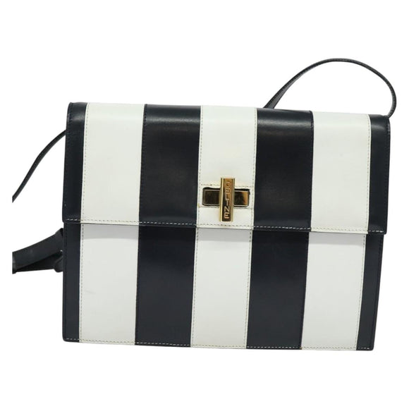 CELINE Shoulder Bag Leather White Navy gold Auth 127598