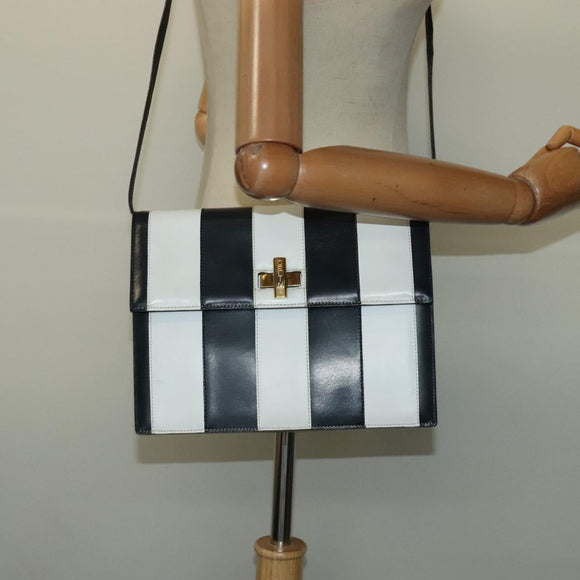 CELINE Shoulder Bag Leather White Navy gold Auth 127598