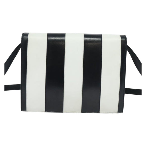 CELINE Shoulder Bag Leather White Navy gold Auth 127598