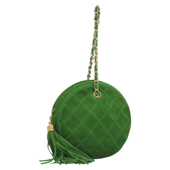 CHANEL Matelasse Chain Hand Bag Suede 2way Green Gold CC Auth 127613