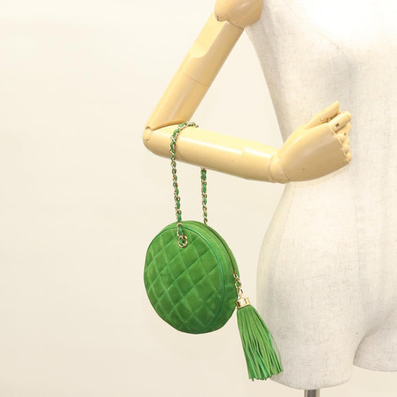 CHANEL Matelasse Chain Hand Bag Suede 2way Green Gold CC Auth 127613