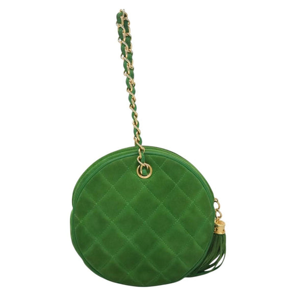 CHANEL Matelasse Chain Hand Bag Suede 2way Green Gold CC Auth 127613