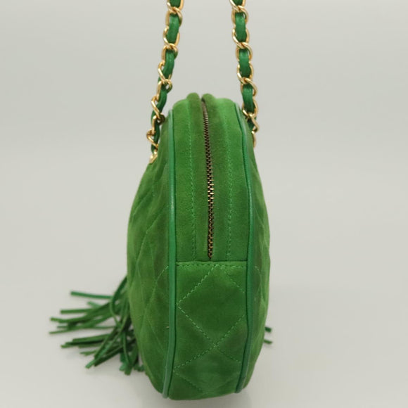 CHANEL Matelasse Chain Hand Bag Suede 2way Green Gold CC Auth 127613