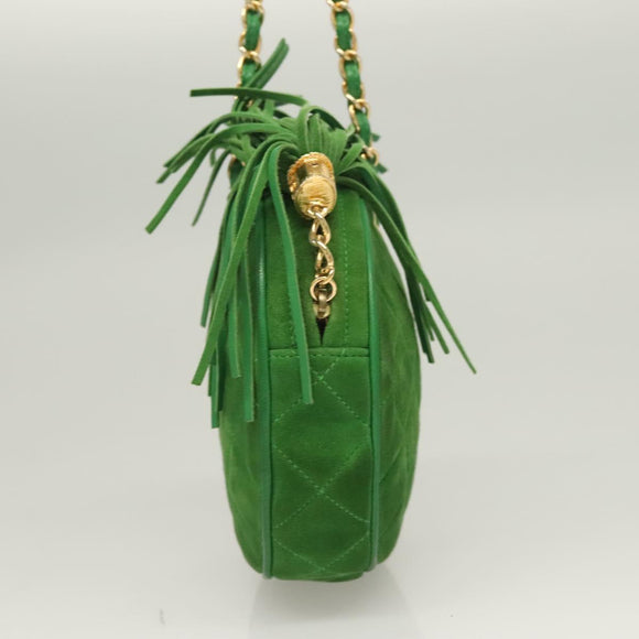 CHANEL Matelasse Chain Hand Bag Suede 2way Green Gold CC Auth 127613