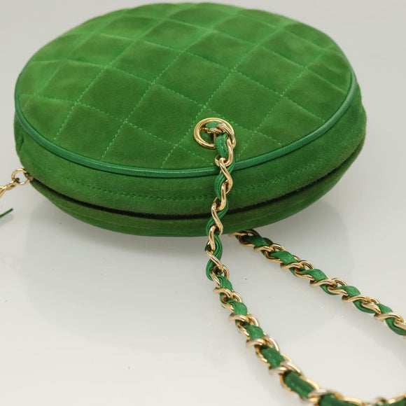 CHANEL Matelasse Chain Hand Bag Suede 2way Green Gold CC Auth 127613