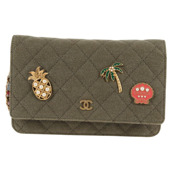 CHANEL Matelasse Chain Shoulder Bag Canvas Green Gold CC Auth 127648M