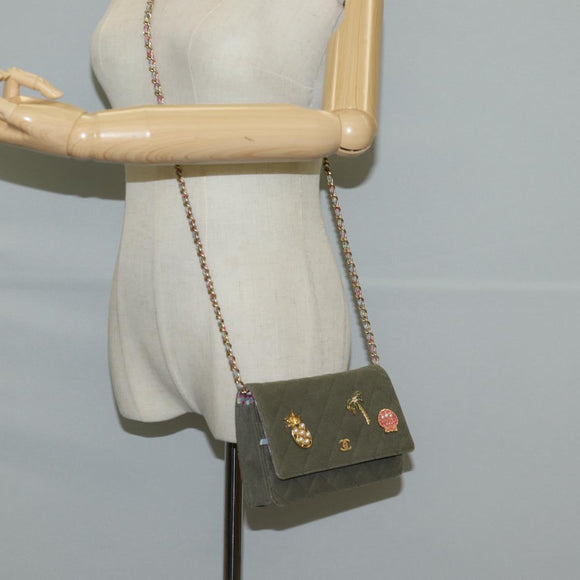 CHANEL Matelasse Chain Shoulder Bag Canvas Green Gold CC Auth 127648M