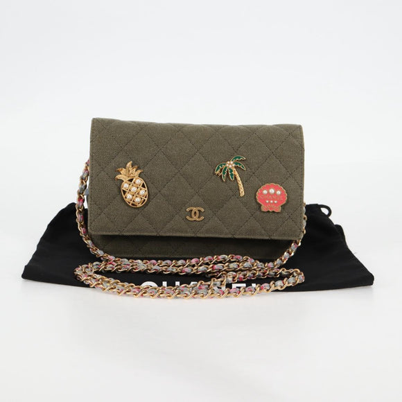 CHANEL Matelasse Chain Shoulder Bag Canvas Green Gold CC Auth 127648M