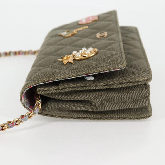 CHANEL Matelasse Chain Shoulder Bag Canvas Green Gold CC Auth 127648M