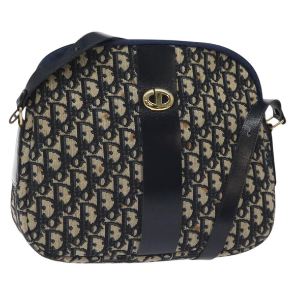 Christian Dior Trotter Canvas Shoulder Bag Navy Gold Auth 127683