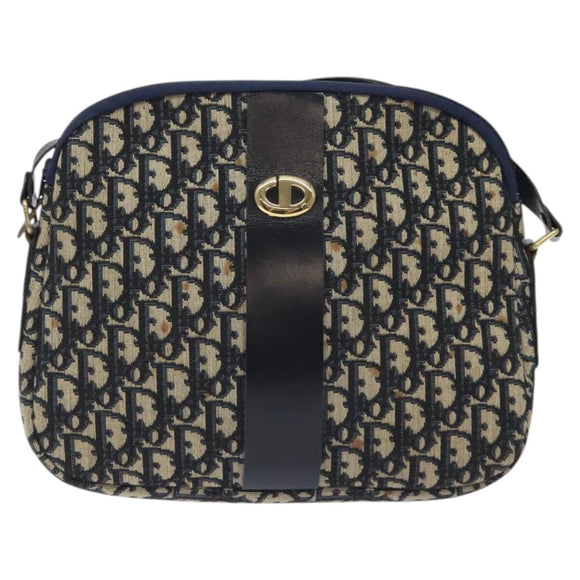Christian Dior Trotter Canvas Shoulder Bag Navy Gold Auth 127683