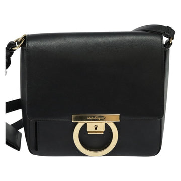 Salvatore Ferragamo Gancini Shoulder Bag Calf leather Black Gold Auth 127686 - 0
