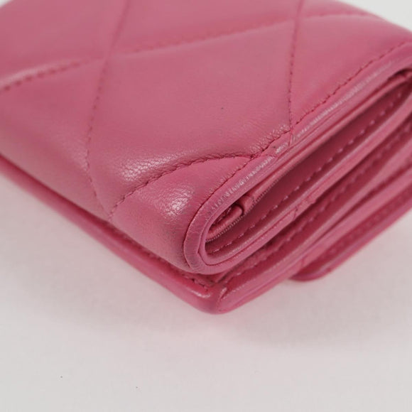 CHANEL Matelasse Compact Wallet Lamb Skin Pink Gold CC Auth 127761M