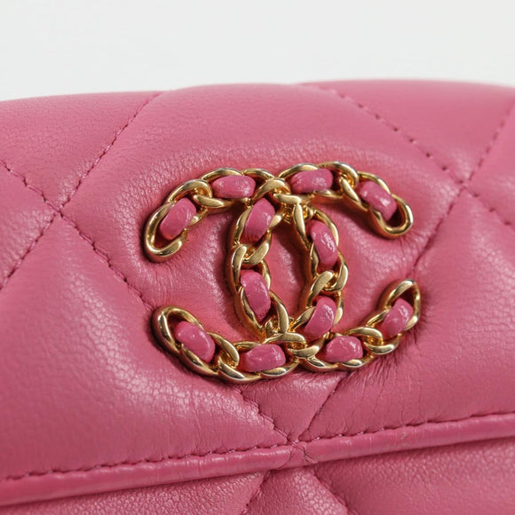 CHANEL Matelasse Compact Wallet Lamb Skin Pink Gold CC Auth 127761M