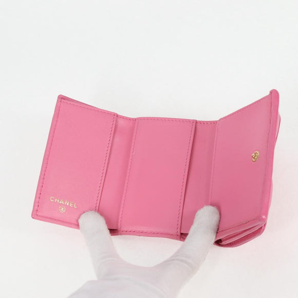 CHANEL Matelasse Compact Wallet Lamb Skin Pink Gold CC Auth 127761M