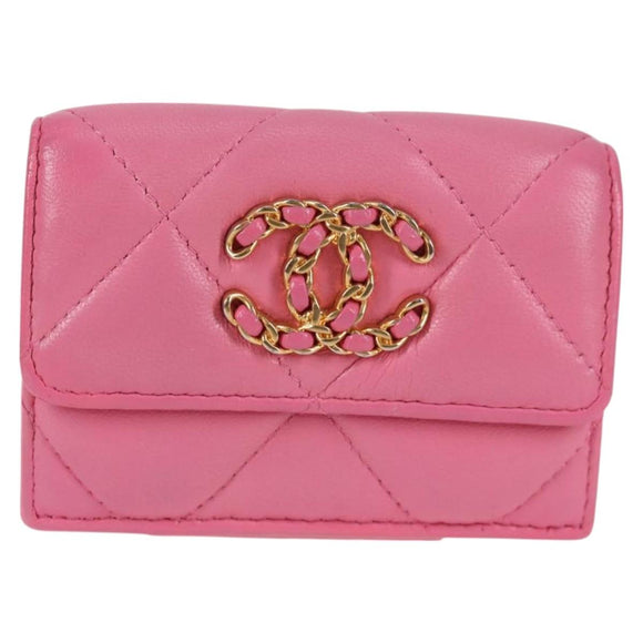 CHANEL Matelasse Compact Wallet Lamb Skin Pink Gold CC Auth 127761M