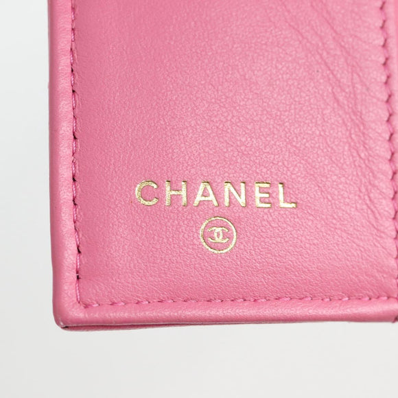 CHANEL Matelasse Compact Wallet Lamb Skin Pink Gold CC Auth 127761M