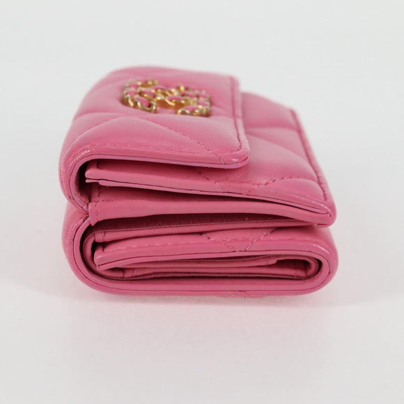 CHANEL Matelasse Compact Wallet Lamb Skin Pink Gold CC Auth 127761M