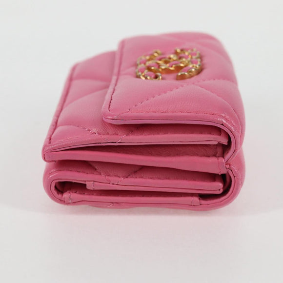 CHANEL Matelasse Compact Wallet Lamb Skin Pink Gold CC Auth 127761M