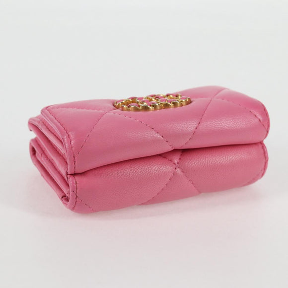 CHANEL Matelasse Compact Wallet Lamb Skin Pink Gold CC Auth 127761M