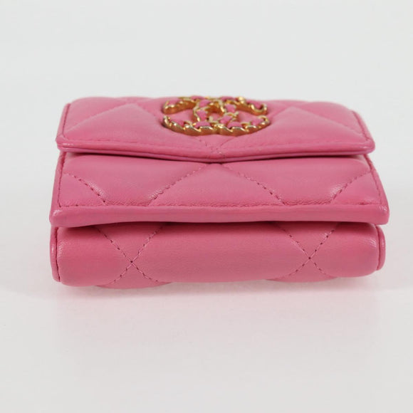 CHANEL Matelasse Compact Wallet Lamb Skin Pink Gold CC Auth 127761M